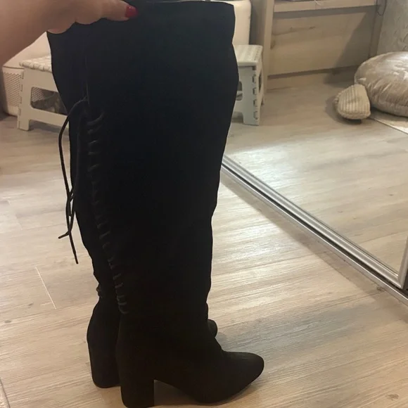 Black Over-the-Knee Lace-Up SuedeWomen's Boots - Picture 1 of 4